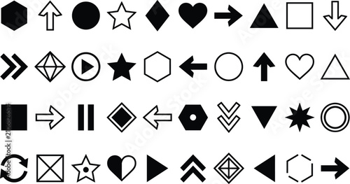 Basic Geometric Shape and Arrow Icon Set, UI Symbols, Navigation Elements and Interface Vector Collection