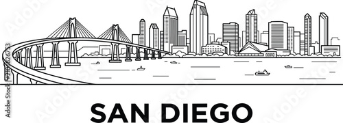 San Diego California Skyline Line Art with Coronado Bridge and Waterfront Cityscape