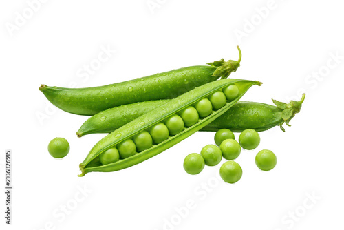 Fotografía Fresh green pea pods with one pod opened to reveal plump peas, accompanied by whole pods and loose peas, isolated on a white background