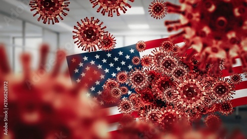 Coronavirus outbreak concept in america with us flag and red viral particles