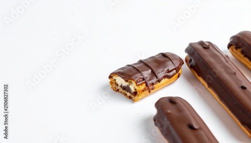 Chocolate éclairs filled with rich pastry cream, topped with chocolate glaze on a white background with copy space