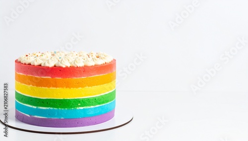 Vibrant Multi-Colored Rainbow Layer Cake with Creamy White Frosting on a White Background with Copy Space