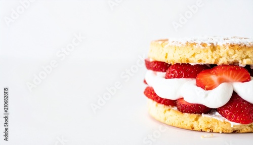 Fresh strawberry shortcake layered with whipped cream on a white background with copy space