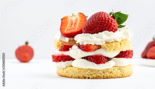 Fresh strawberry shortcake layered with fluffy whipped cream and ripe sliced berries on a clean white background for a sweet summer dessert treat