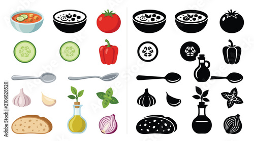 Foto Set of ingredients and icons for gazpacho soup, including vegetables, bread, and olive oil