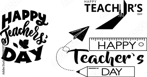 Happy Teachers Day typography set. School holiday greeting card design elements.