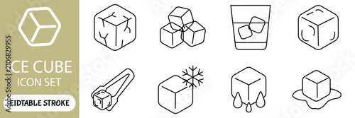 Minimalist ice cube icon set with editable stroke. Linear frozen water symbols for drinks and cooling. 8 vector line icons for bar menus.