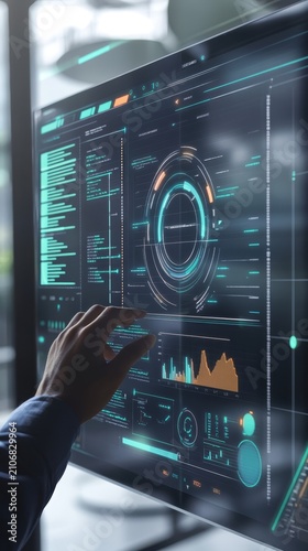 Interactive digital interface featuring advanced data analytics dashboard system