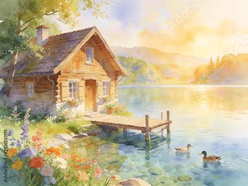 Charming wooden cabin by a serene lake with a wooden pier, swimming ducks, and colorful flowers at sunset, watercolor illustration