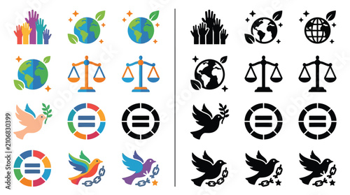 Quadro su tela Set of icons representing peace, equality, and environmental protection with colorful and silhouette designs
