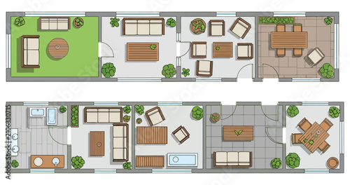 Top view architectural layout displays floor plan of luxury residential living spaces with outdoor patio area furniture arrangements for relaxation and social gatherings aerial perspective of