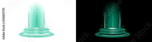 Green light pedestal podium with futuristic beam and glowing rings for cinematic overlays in PNG, Transparent and Black Background Versions
