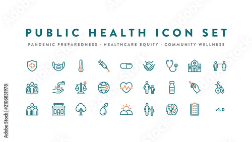 Public health and community wellness icon sheet - Great for municipal health guidelines, disease prevention, or civic portals.