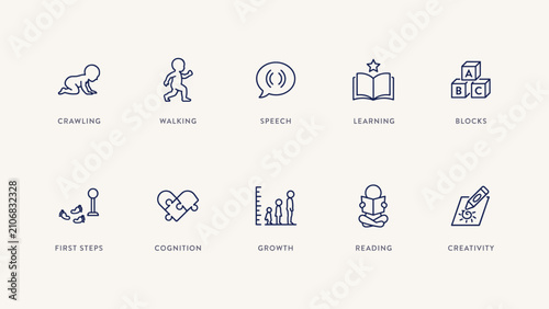 Child development milestones outline icons – Great for speech therapy flyers, early learning blogs, or parenting guides.