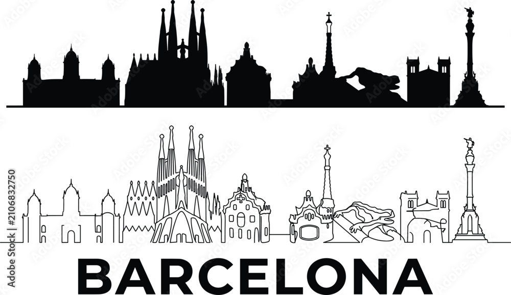 Fototapeta premium Barcelona Skyline Silhouette and Outline Vector with Famous Spanish Landmarks Illustration