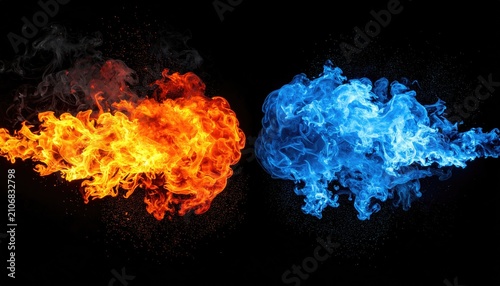 Opposing vibrant fire and ice plumes collide, creating contrasting textures and captivating visual impact on dark background