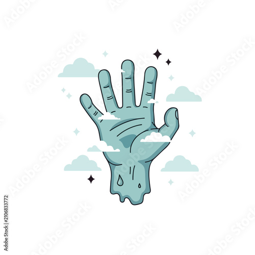 Foto A stylized illustration featuring a light blue severed hand floating in a sky filled with soft clouds and sparkling stars