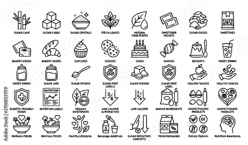 Fotografía Sugar Sweetener and Bakery Line Icons Vector Set with Stevia and Sugar Free Symb