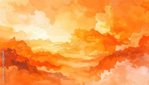 Orange-hued digital painting depicting layered mountainous landscape under a heavily clouded, fiery sky