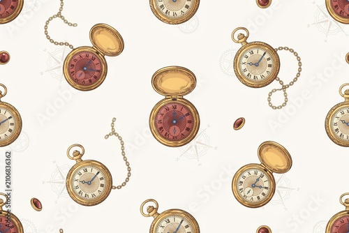 Seamless pattern of golden pocket watches with chains and roman numerals on a light cream background, vintage timekeeping and horology theme