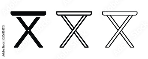 Set of three simple folding table icons in black and white line art style