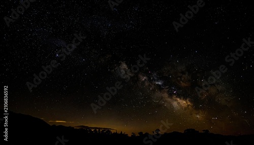 Dark night sky with the Milky Way galaxy visible above the silhouetted horizon