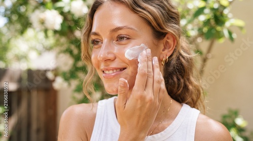 smiling woman applying sunscreen lotion on her face during summer