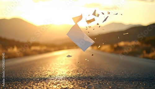 Paper bursts mid-air over sun-drenched road with distant mountains, illuminated by the bright light of the setting sun