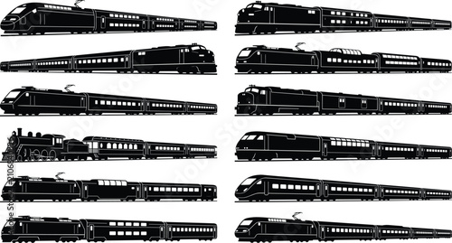 Obraz na plátně Modern Passenger Train Silhouette Collection Featuring High Speed Electric and C