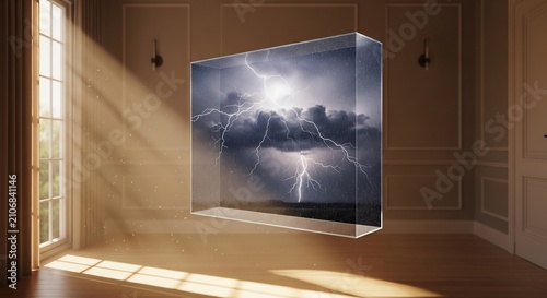 Floating Glass Box Displays Dramatic Lightning Storm Scene Indoors.