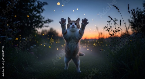 Whimsical Cat Reaching for Fireflies in Enchanting Twilight Meadow.