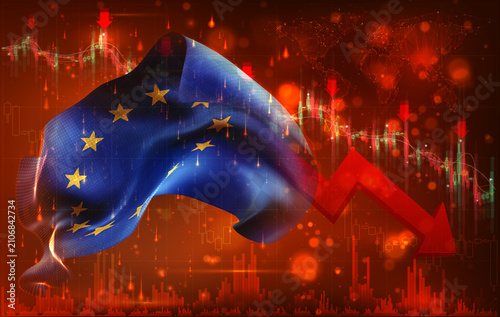 European Union, vector 3d flag financial exchange trend down