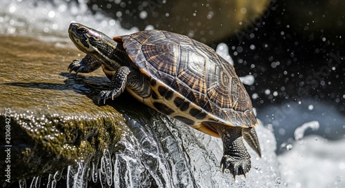 A turtle is climbing on a wet rock with water splashing around it.