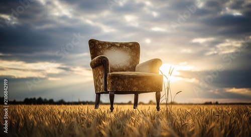 Vintage Armchair Stands Alone in Golden Wheat Field at Sunset.