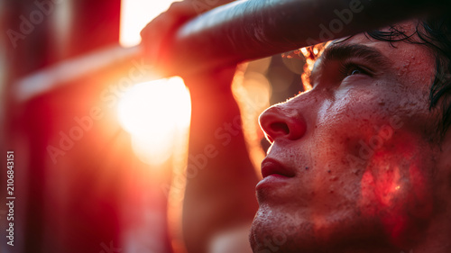 Sweaty determination: mans intense focus during outdoor workout