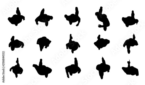 set of people walking top view in city silhouette for architectural. typical walking pose, black shadow plan vector illustration.