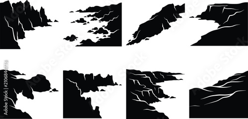 Canvas Print Ocean rocky coast and sea cliff vector silhouettes set featuring rugged shorelin