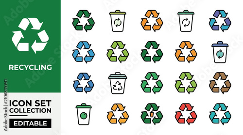 Recycling Icon Set Collection with Trash Bins and Symbol Variations