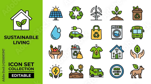 Sustainable Living Icon Set Collection Editable
