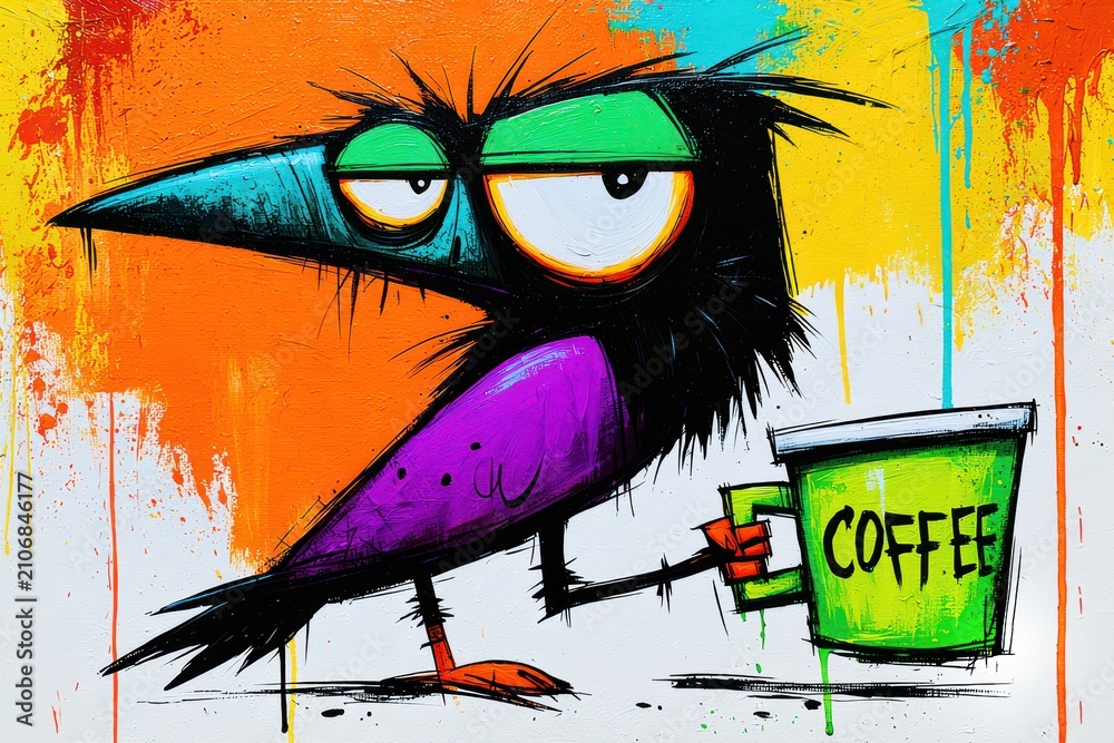 Obraz premium Grumpy cartoon raven holding coffee cup, vibrant street art style