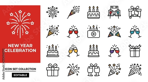 New Year Celebration icon set collection with fireworks and party elements
