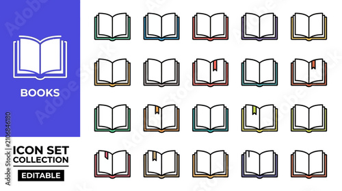 Book icon set collection editable outline symbols