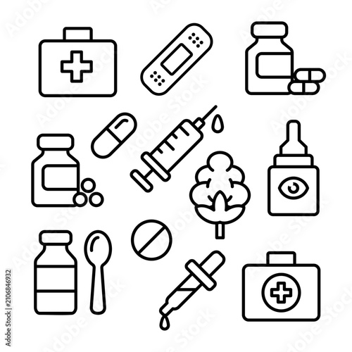 Pharmacy Medicine First Aid Healthcare Line Icon Set