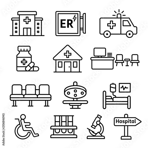 Medical Healthcare Hospital Facilities Line Icon Set