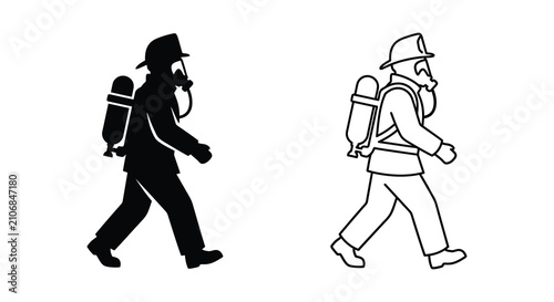 Photography Firefighter with breathing apparatus in walking pose black and white line art si