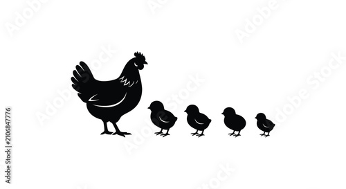 Photography Hen with four chicks in a black silhouette against a white background farm anima