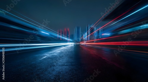 Abstract blue and red light trails on night city road.