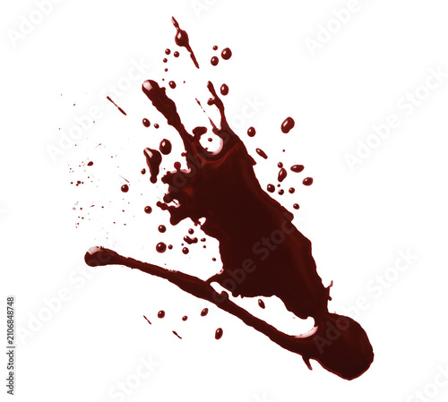 Large bloody stain with flying droplets, isolated on transparent cutout background