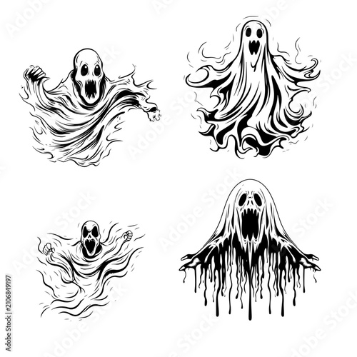 Foto Collection of spooky screaming ghost and horror ghoul faces vector illustration