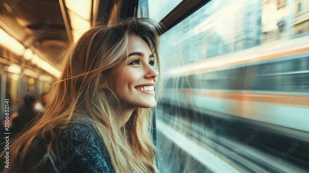 Fototapeta premium Woman looking out train window